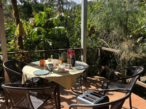 Breakfast on the outdoor patio on a sunny day.