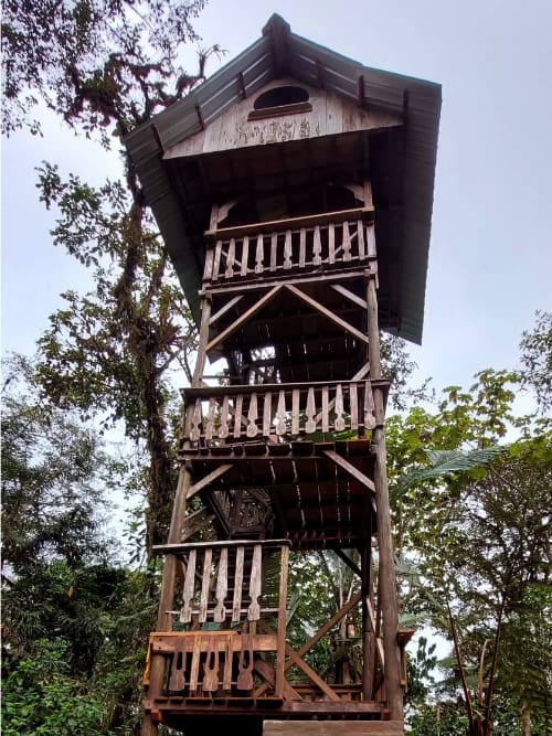 The birding tower at Mindo Lindo is a wooden construction of three stories.